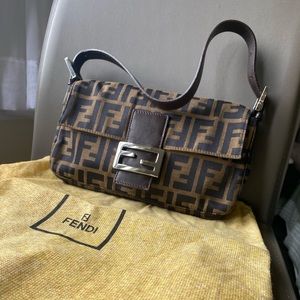 Fendi Brown Monogram Baguette Shoulder Bag with Silver Hardware